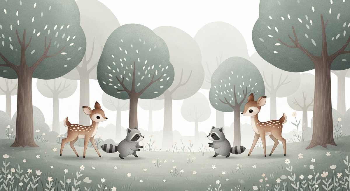 Fawns and Raccoons Playing in a Forest Wall Mural