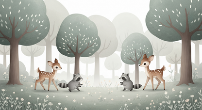 Kids-Mundo flat artwork of fawns and raccoons playing in a peaceful forest wall mural design.