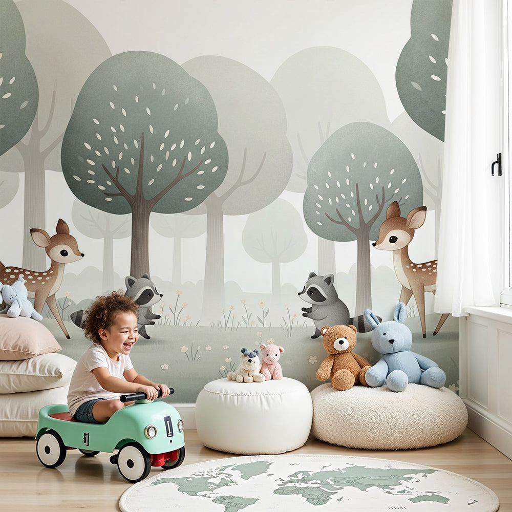 Kids-Mundo fawns and raccoons forest wall mural styled in a soft sage green nursery.