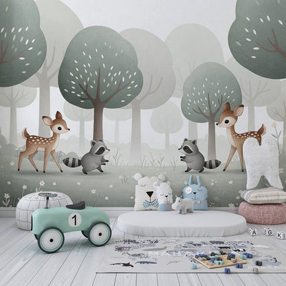 Kids-Mundo woodland fawns and raccoons wall mural bringing nature into a bright children's playroom.