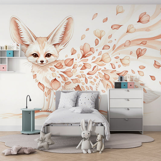 Kids-Mundo fennec fox and petal wall mural styled in a warm-toned kids bedroom