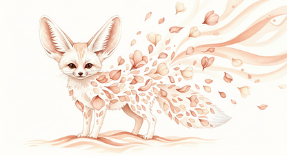 Kids-Mundo flat artwork of a fennec fox with a trail of blush watercolour petals