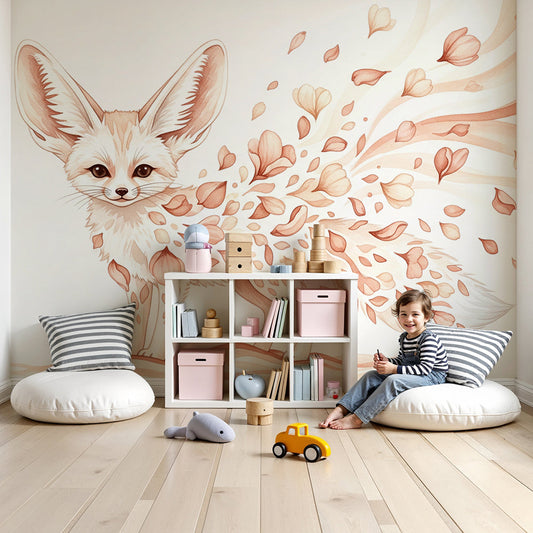 Kids-Mundo fennec fox watercolour wall mural with blush petals in a soft nursery