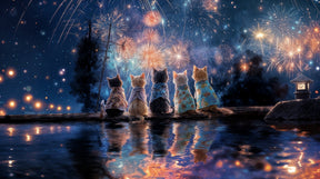 Detailed festive cats and fireworks mural wallpaper design pattern by Kids-Mundo