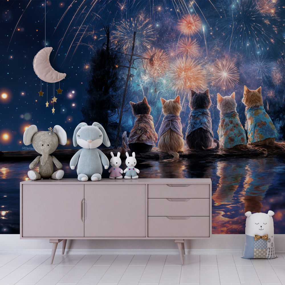 Whimsical cats watching fireworks wallpaper decorating colorful kids playroom
