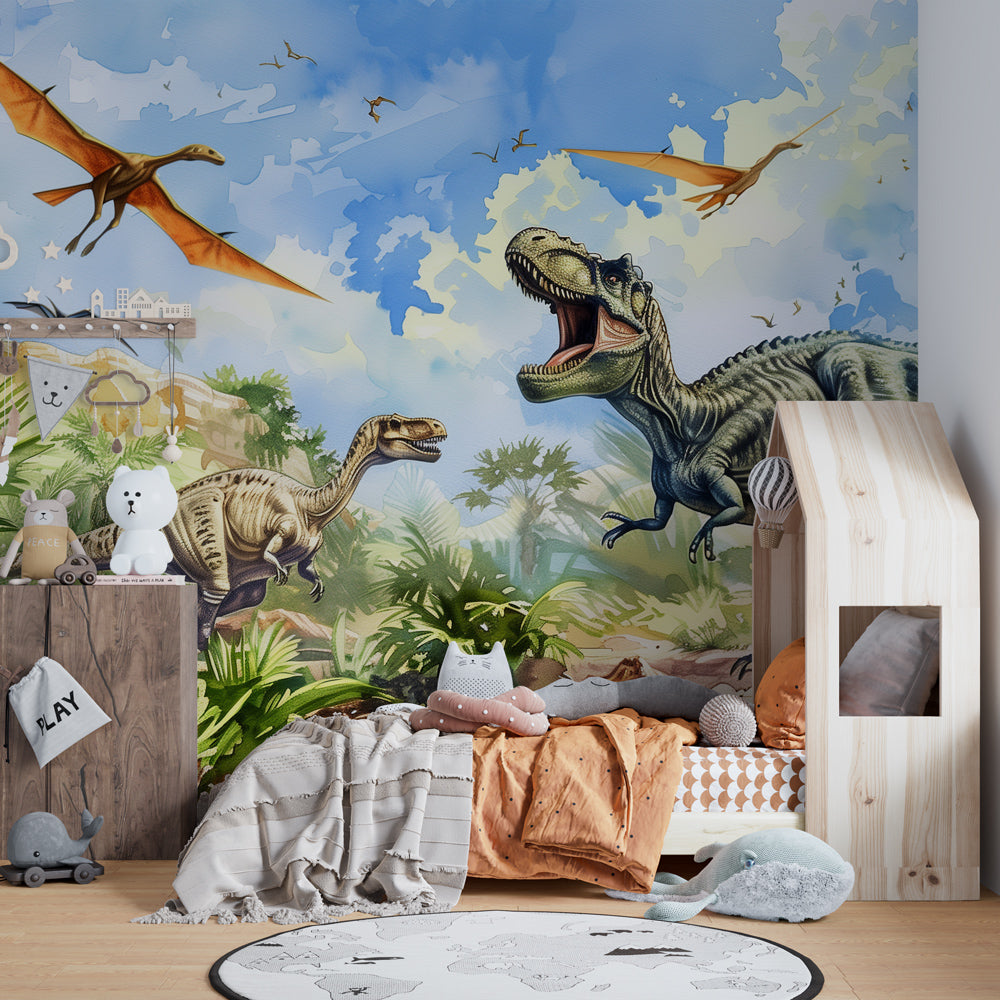 Kids-Mundo fierce dinosaur jungle wall mural as a bold feature wall in a kids bedroom.
