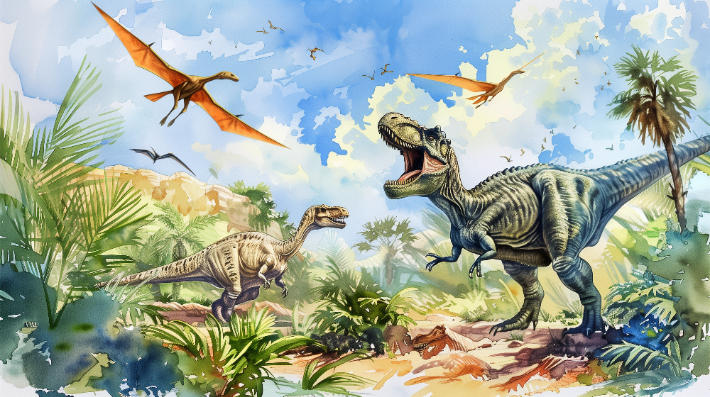 Kids-Mundo flat artwork preview of the complete fierce dinosaur jungle wall mural design.