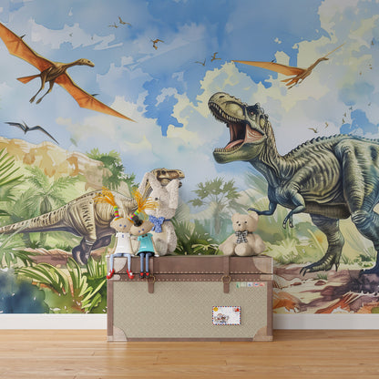 Kids-Mundo fierce dinosaur jungle wall mural bringing prehistoric fun to a children's playroom.