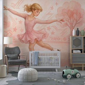 Artistic figure skating mural wallpaper with pink tones for kids playroom by Kids-Mundo
