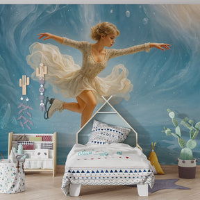 Winter-themed figure skating mural wallpaper transforming kids room into elegant ice rink