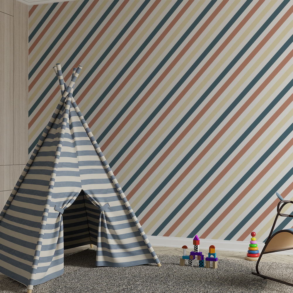 Kids-Mundo terracotta and navy pinstripe wall mural behind a bed in a modern kids bedroom.