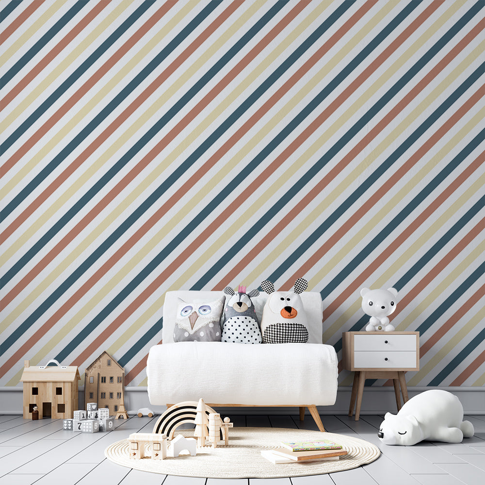 Kids-Mundo pinstripe wall mural in terracotta and navy brightening a children's playroom wall.