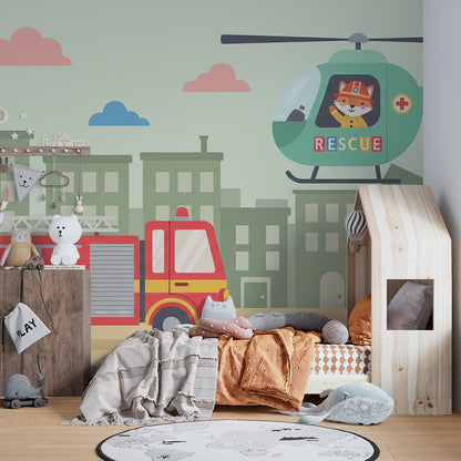 Kids-Mundo fire truck wall mural with helicopter covering a feature wall in a bright bedroom