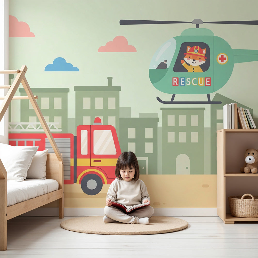 Kids-Mundo fire truck and rescue helicopter wall mural styled behind a bed in a kids' bedroom