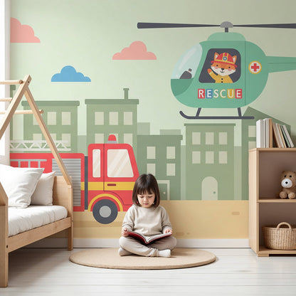 Kids-Mundo fire truck and rescue helicopter wall mural styled behind a bed in a kids' bedroom