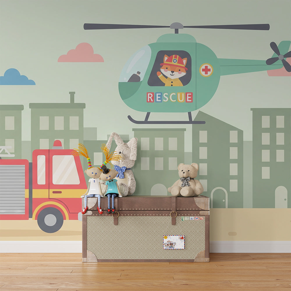 Kids-Mundo fire truck and helicopter wall mural bringing rescue play to a children's playroom