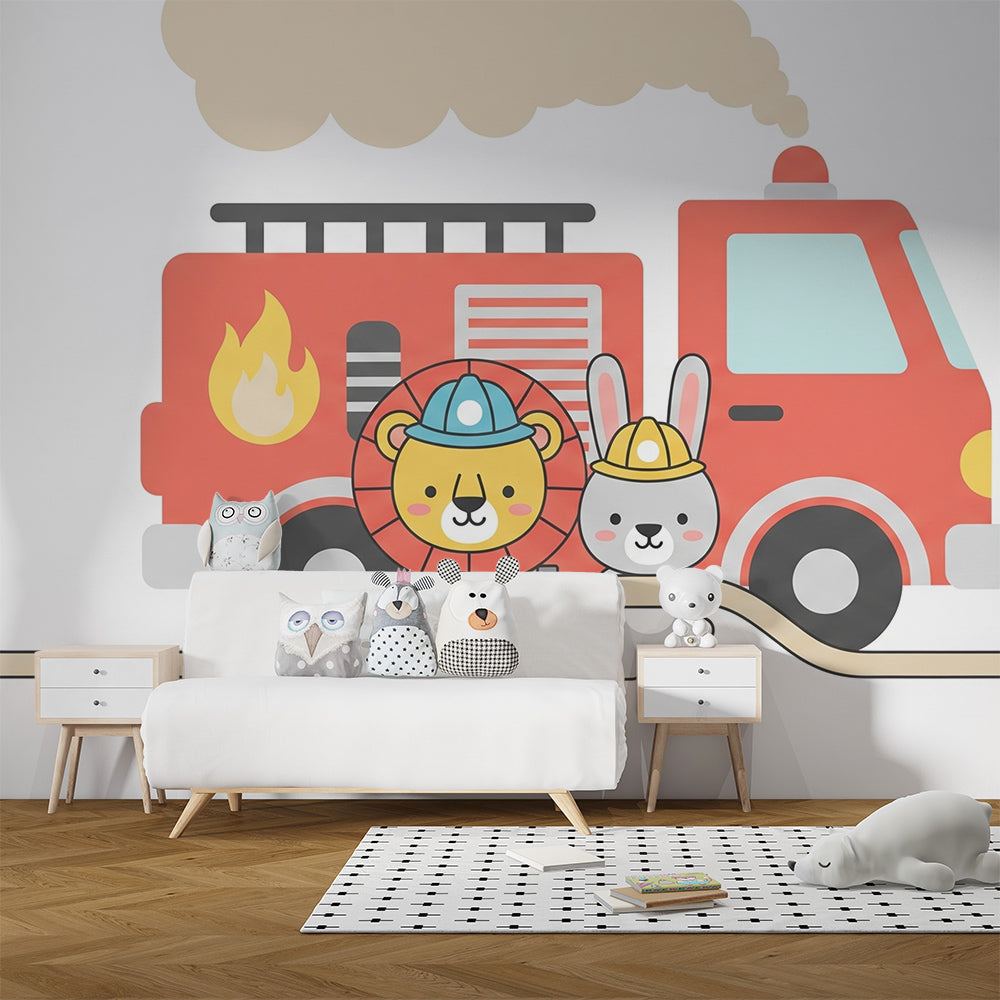Kids-Mundo fire engine wall mural featuring animal firefighters in a boy's bedroom