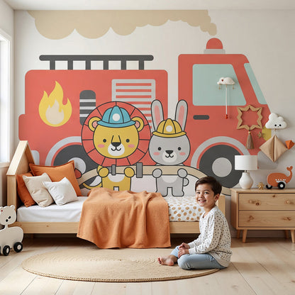 Kids-Mundo fire truck wall mural with lion and rabbit firefighters in a bright nursery