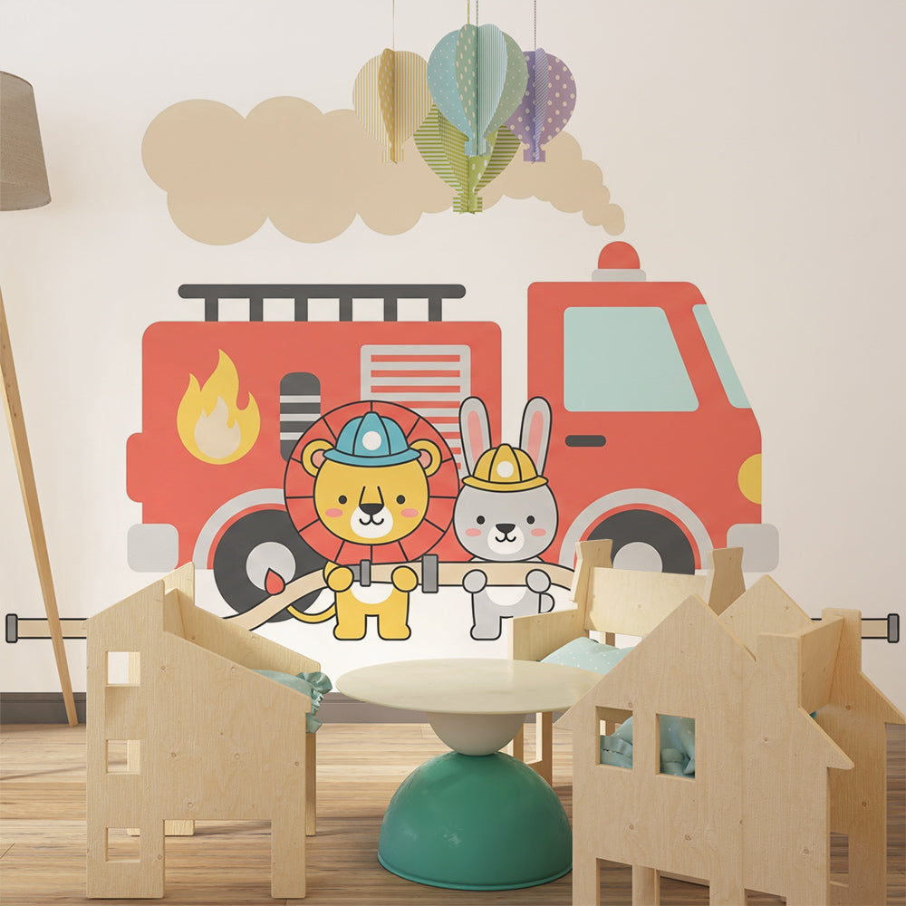 Kids-Mundo red fire truck wall mural with rescue animals in a children's playroom