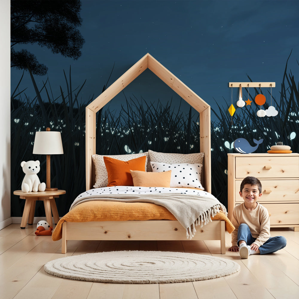 Firefly meadow mural wallpaper creating magical nighttime atmosphere in modern nursery by Kids-Mundo