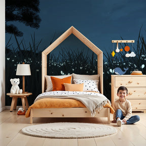 Firefly meadow mural wallpaper creating magical nighttime atmosphere in modern nursery by Kids-Mundo
