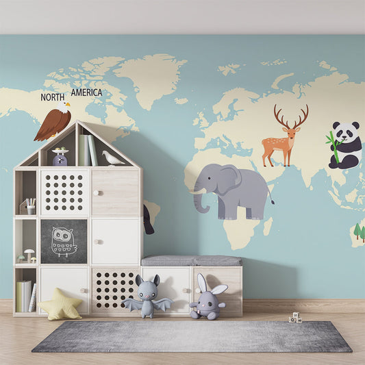 Kids-Mundo five-continents world map mural with fox and elephant in a kids bedroom