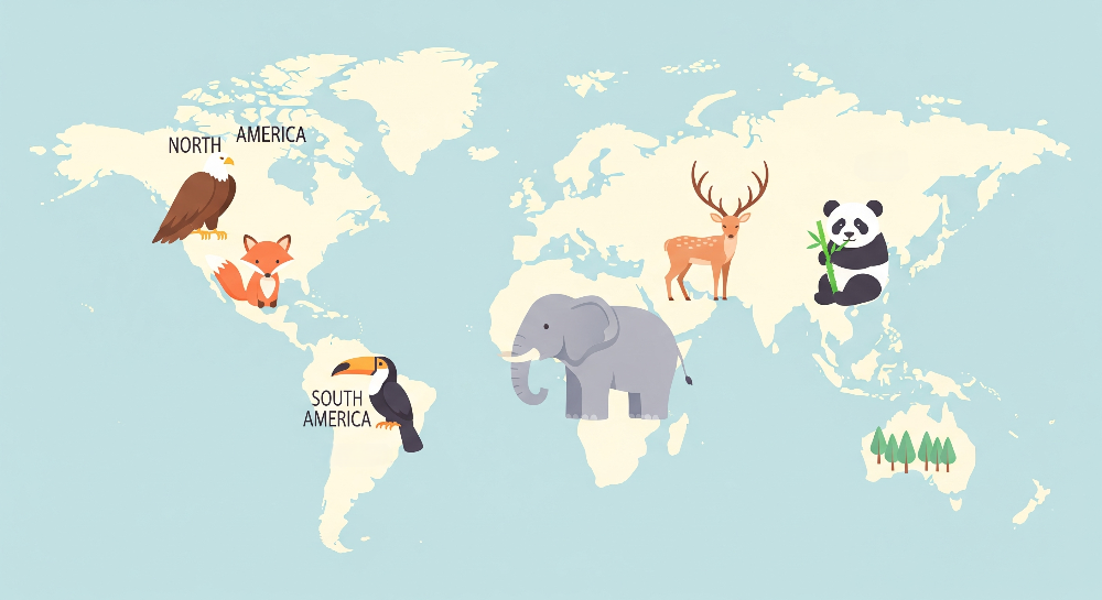 Five Continents World Map with Animals Wall Mural