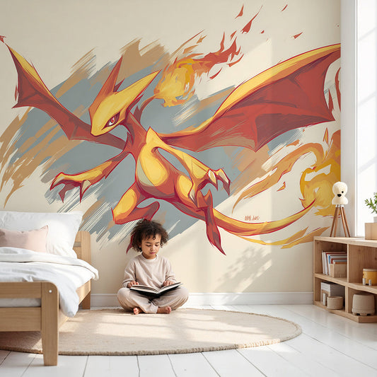 Kids-Mundo flame dragon wall mural on a bold feature wall in a boy's bedroom