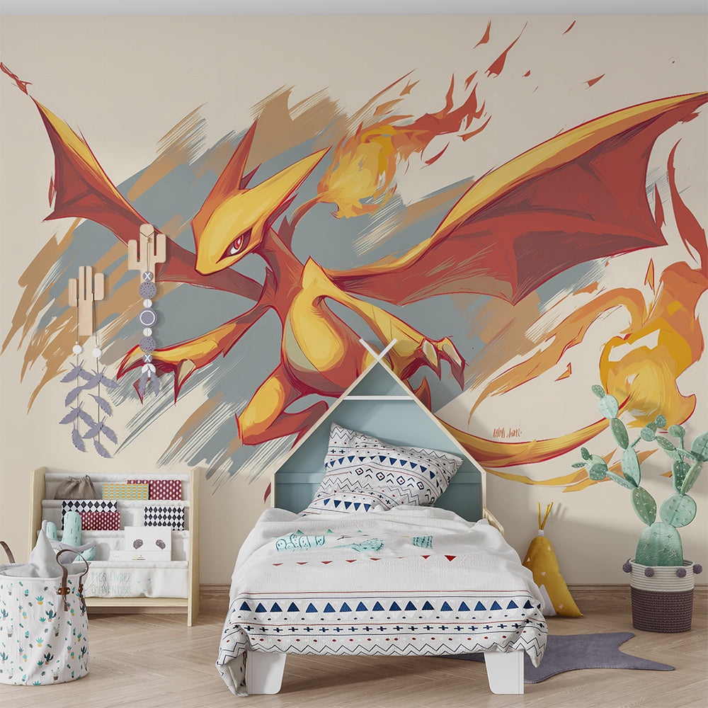 Kids-Mundo fire dragon wall mural bringing dramatic colour to a playroom wall