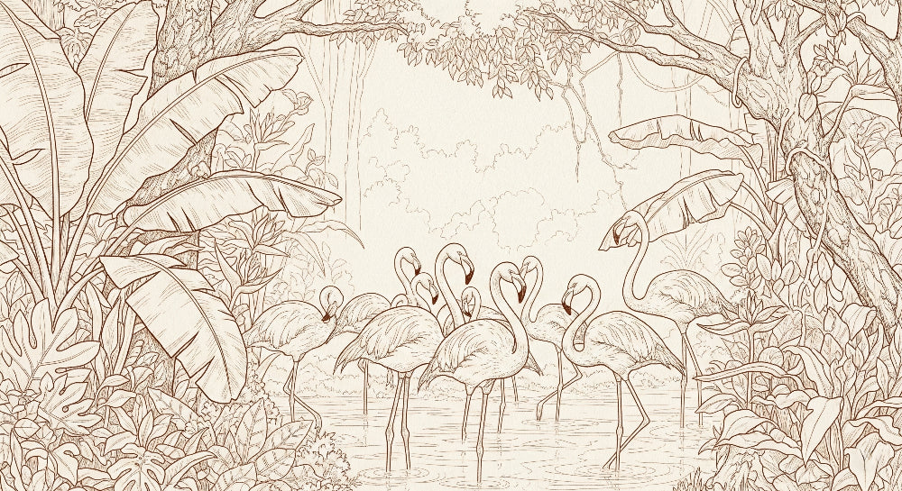 Detailed flamingo jungle mural wallpaper design pattern showing pink birds and tropical foliage by Kids-Mundo