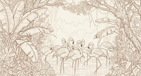 Detailed flamingo jungle mural wallpaper design pattern showing pink birds and tropical foliage by Kids-Mundo
