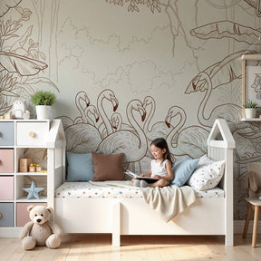 Flamingo jungle mural wallpaper decorating modern nursery with tropical pink birds by Kids-Mundo