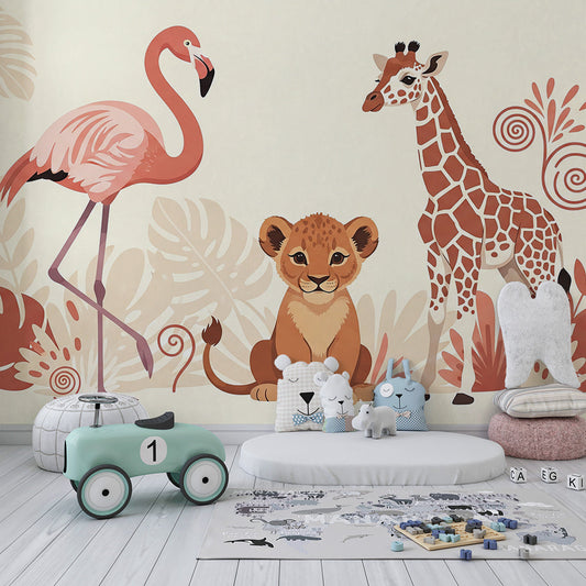 Kids-Mundo safari animal wall mural featuring a giraffe and lion cub in a bedroom