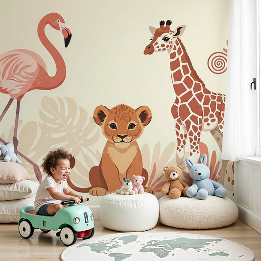 Kids-Mundo flamingo, lion cub and giraffe wall mural styled in a cream nursery room