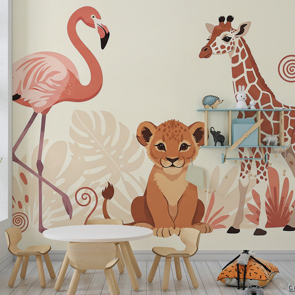 Kids-Mundo flamingo and giraffe wall mural bringing safari charm to a kids' playroom