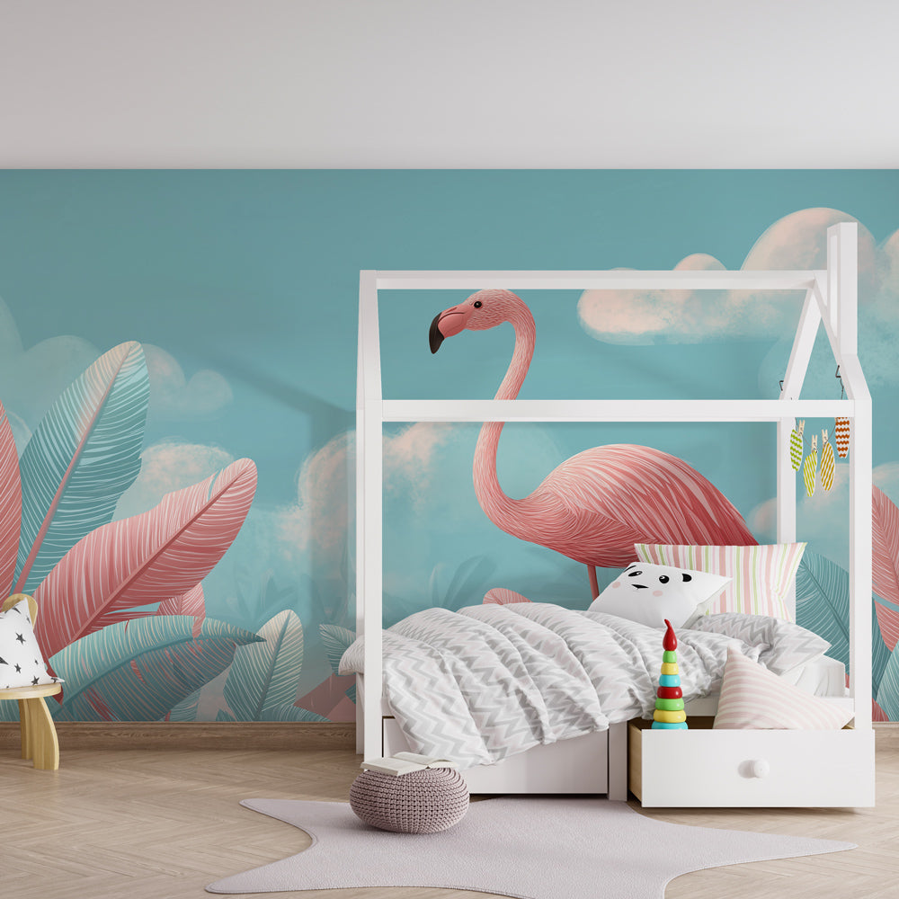 Tropical flamingo wallpaper with pastel pink and green foliage in children's bedroom setting
