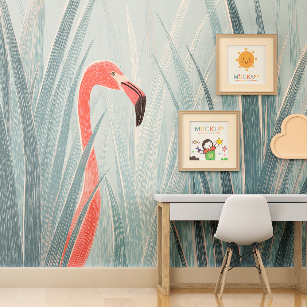 Tropical flamingo wallpaper transforming children's bedroom with soft pink and green nature theme