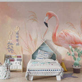 Elegant flamingo wallpaper in children's bedroom with soft pink and beige pastel colors
