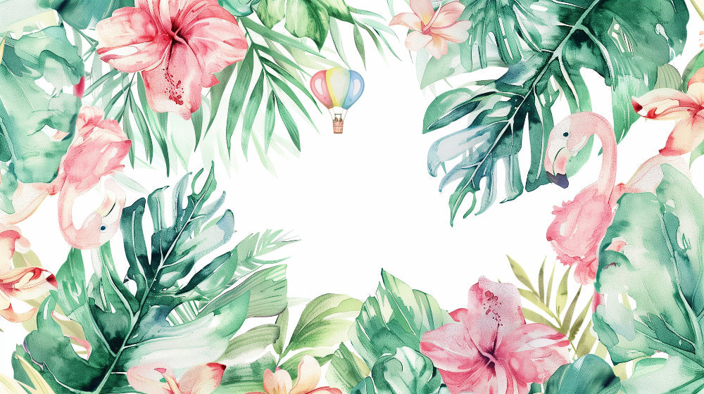 Detailed tropical flamingo and hot air balloon mural wallpaper design pattern by Kids-Mundo