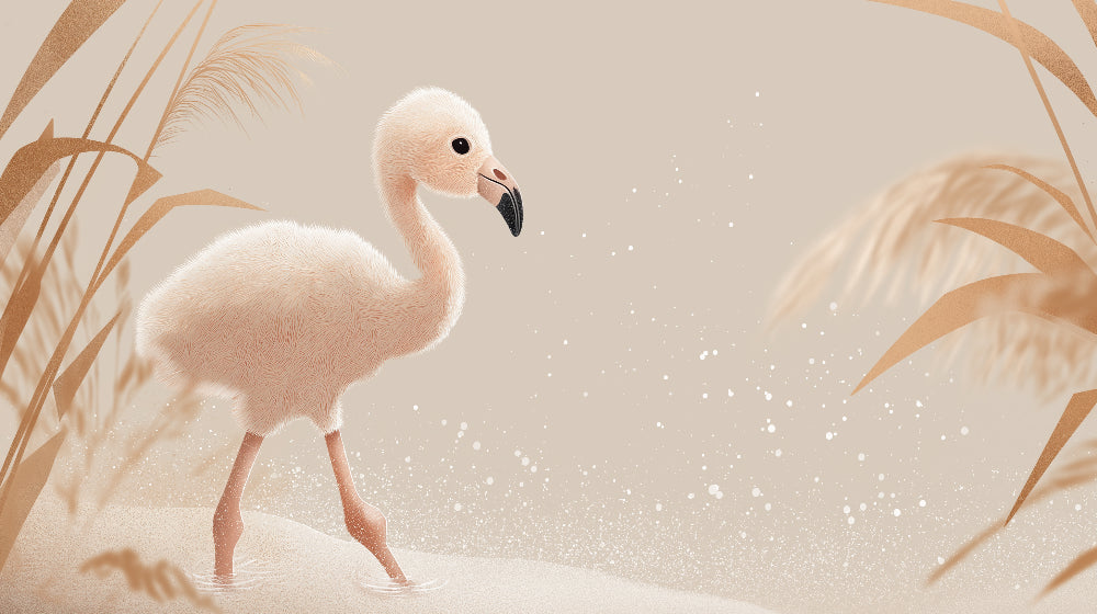 Detailed pink flamingo mural wallpaper design pattern with waterside foliage by Kids-Mundo