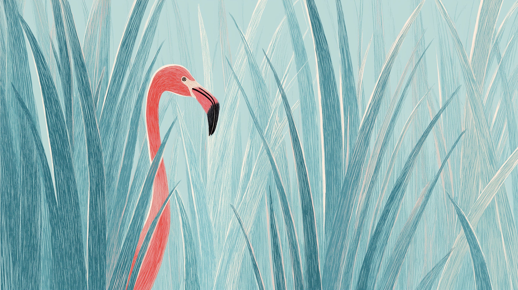 Detailed pink flamingo mural wallpaper design pattern with tropical grass by Kids-Mundo