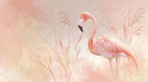 Detailed flamingo mural wallpaper design pattern showing pink bird in pastel landscape by Kids-Mundo