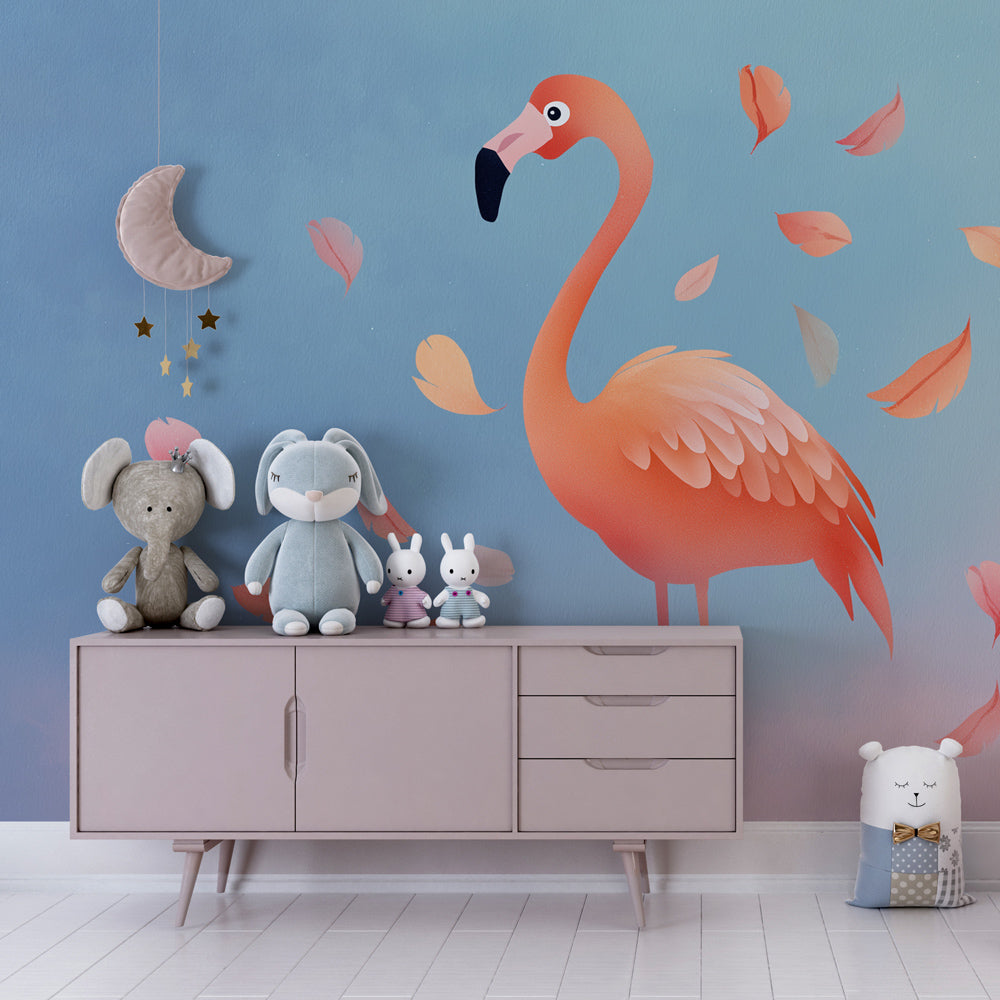 Flamingo autumn leaves wallpaper transforming children's bedroom with nature theme by Kids-Mundo