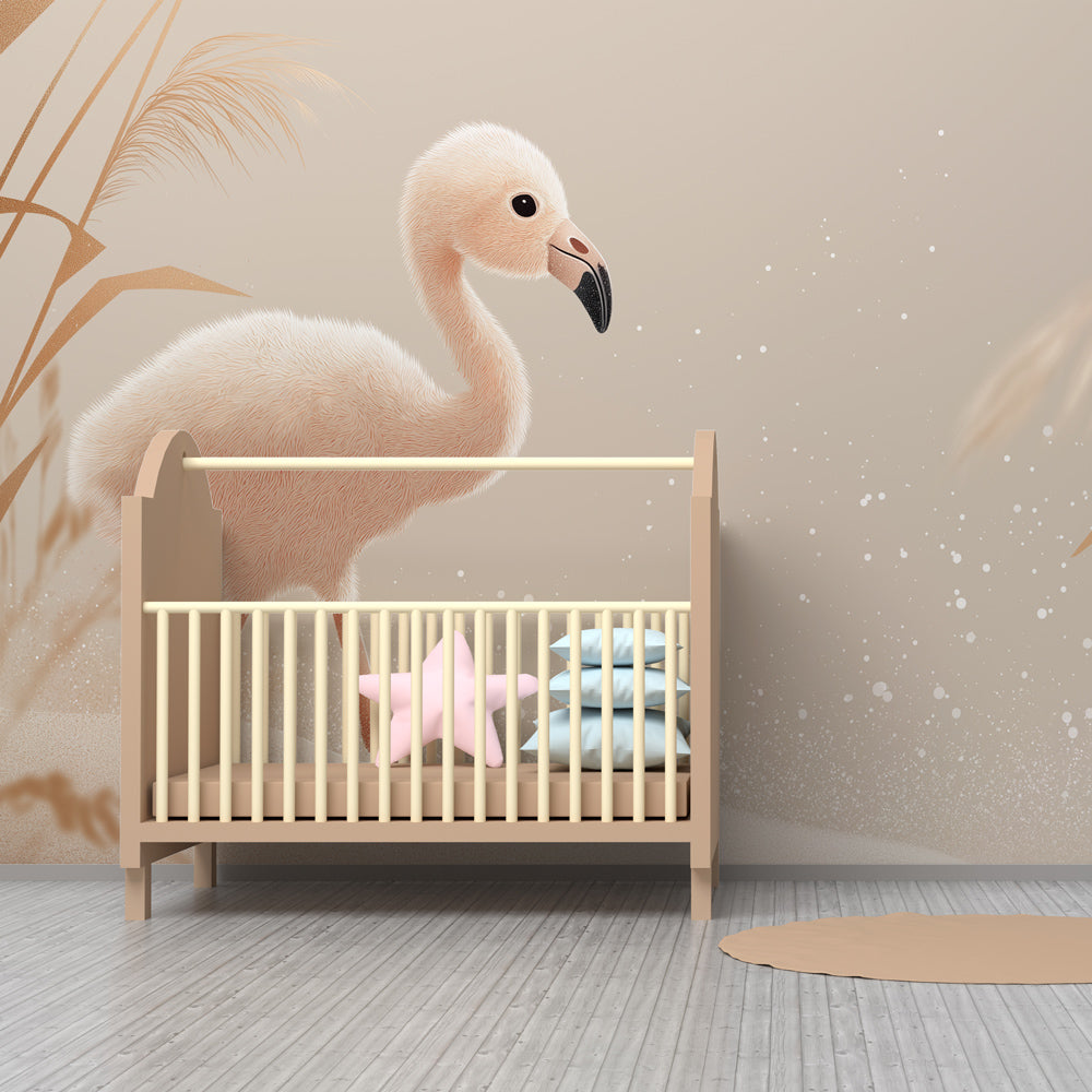 Elegant flamingo wallpaper transforming children's bedroom with waterside nature theme