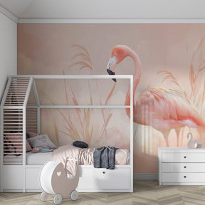 Graceful flamingo mural wallpaper for kids room featuring natural bird habitat design