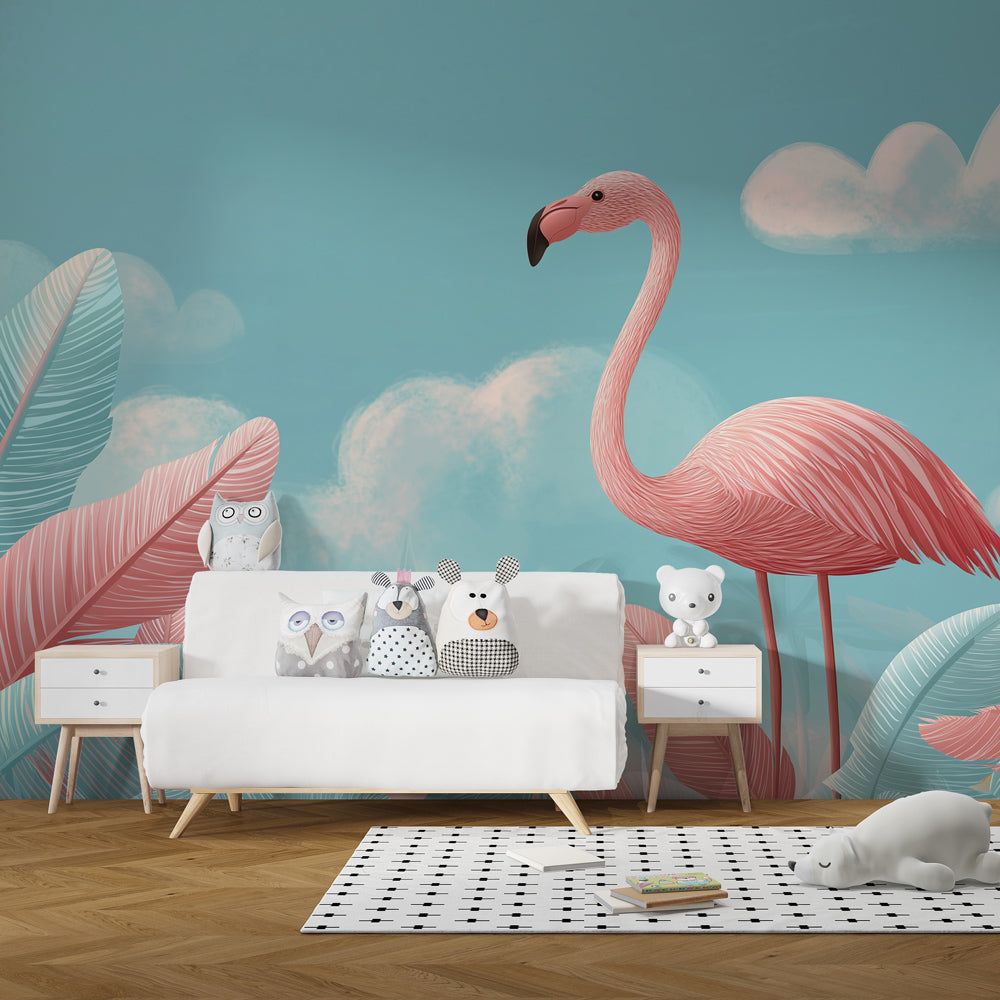 Flamingo tropical mural wallpaper transforming kids room into dreamy jungle paradise by Kids-Mundo