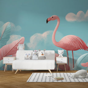 Flamingo tropical mural wallpaper transforming kids room into dreamy jungle paradise by Kids-Mundo