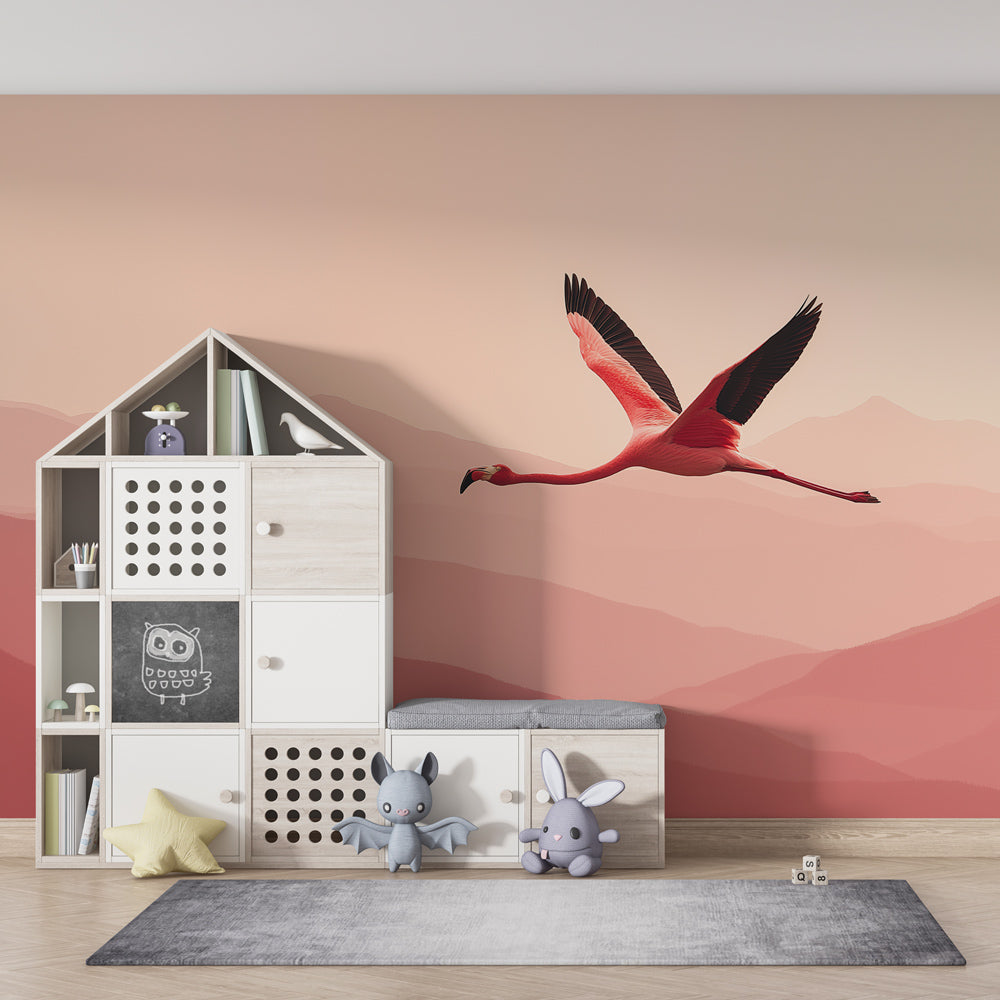 Close-up of pink flamingo and mountain wallpaper in peaceful kids room setting by Kids-Mundo