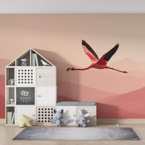 Close-up of pink flamingo and mountain wallpaper in peaceful kids room setting by Kids-Mundo