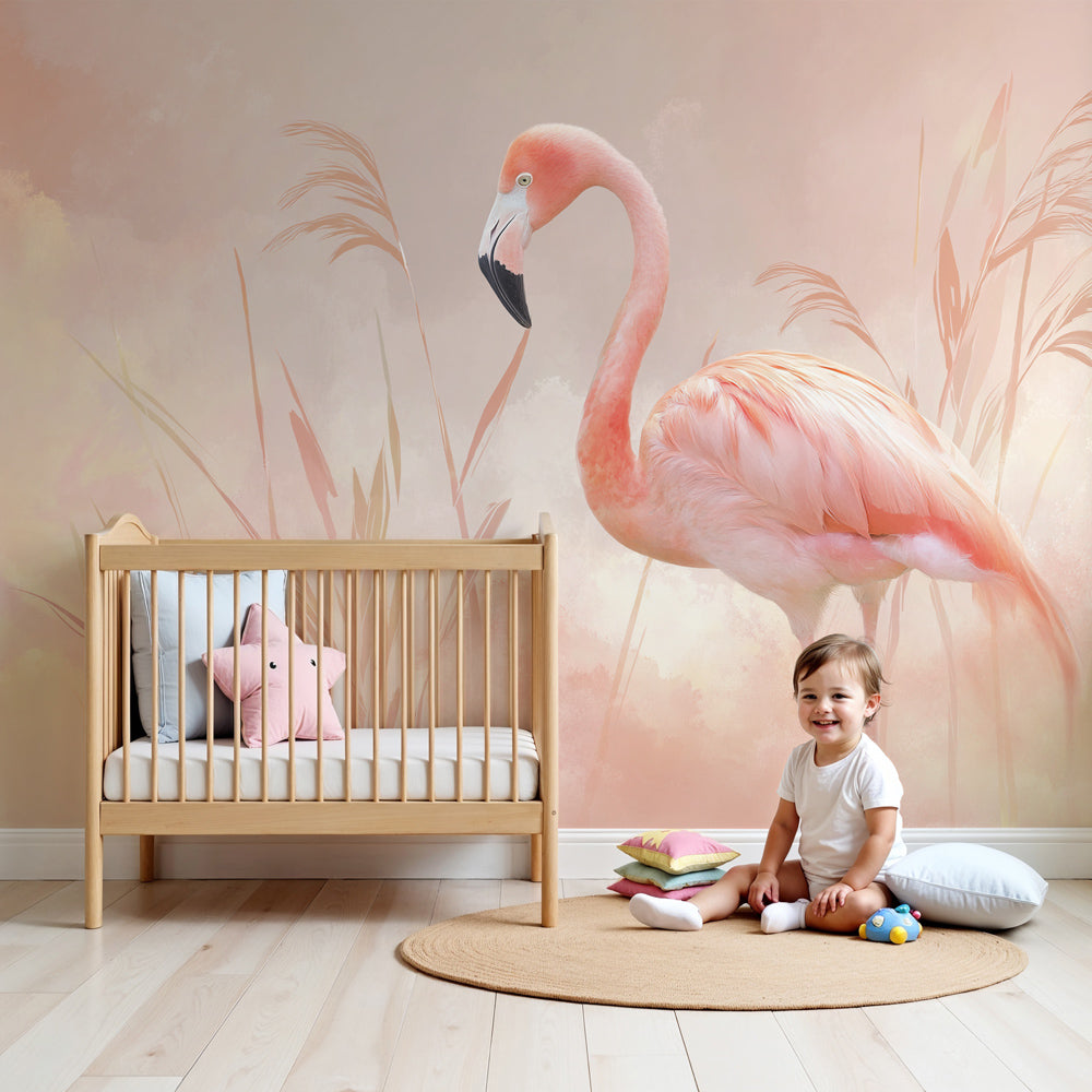Pink flamingo mural wallpaper creating serene nursery decor with pastel bird design by Kids-Mundo